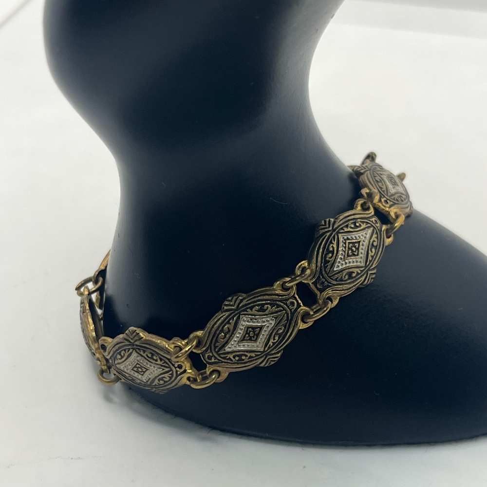 Toledo Spain gold tone black & white enameled design bracelet vintage - Picture 3 of 16